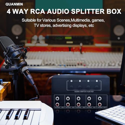 4 in 1 Out RCA Audio Switcher 3.5mm Aux Stereo Audio Switch Box 4 Channel Passive Audio Selector RCA Splitter Box Bi‑Directional Audio Converter for DVD Player Game Console Headphone Home Theater