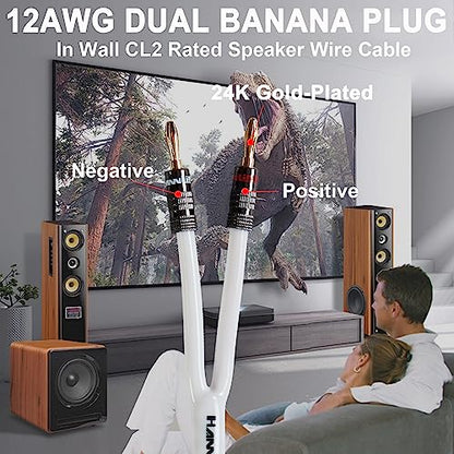 12AWG Speaker Cable (3 Feet), 1 Pack Premium Heavy Duty Braided Speaker Wire with Dual Gold Plated Banana Plug in-Wall CL2 Rated, Oxygen-Free Copper (White) - color: White