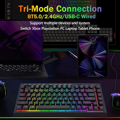 Redragon Wireless Gaming Keyboard, RGB Backlit, Portable 75% Design, Black | Bluetooth/2.4GHz/USB-C Wired, Mini Quiet Macro Membrane Keyboard, Rechargeable 4000mAh Battery, Anti-Ghosting for Win/MAC - color: Black
