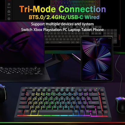 Redragon Wireless Gaming Keyboard, RGB Backlit, Portable 75% Design, Black | Bluetooth/2.4GHz/USB-C Wired, Mini Quiet Macro Membrane Keyboard, Rechargeable 4000mAh Battery, Anti-Ghosting for Win/MAC - color: Black