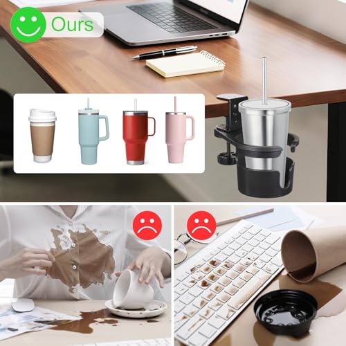 Desk Cup Holder Clamp, Anti-Spill Clip On Table Cup Holder Rotatable | Water Bottle Stand Drink Coffee Mug Storage, Office Accessories for Home and School (Black) - color: Black