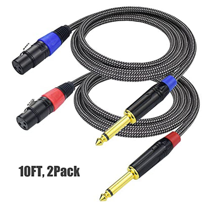 Unbalanced 1/4" TS Mono to XLR Female Microphone Cable, 10Feet 6.35mm Quarter inch to XLR Audio Patch Cord, Nylon Braided Heavy Duty, Copper Shielded Noise Free, for Speaker Mixer Interface - size: 10Feet, 2Pack