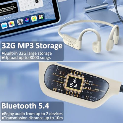 Swimming Headphones, IP68 Waterproof Bone Conduction Headphones, Bluetooth 6.0 &MP3 with32GB Memory Card, Skin Open Ear Swim Earbuds with Adjustable Headband for Swim Cap/Hat, Magnetic Charging(Beige)
