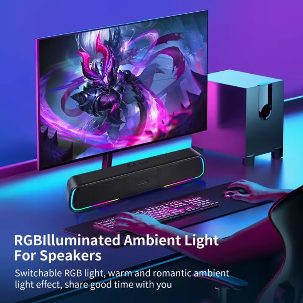 Bluetooth Computer Soundbar Speakers, Rechargeable Gaming Sound Bar with RGB, Support FM Radio/TF Card/AUX/USB Playback, Speakers for Desktop, Laptop, TV, Phone, HD Stereo Loud Sound, Punchy Bass