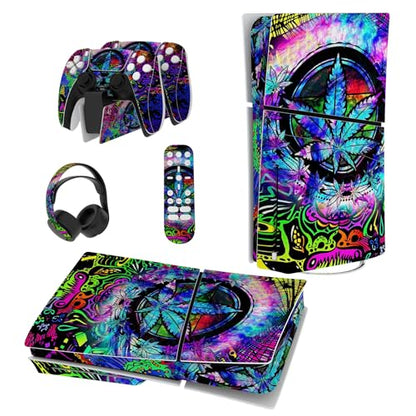 PlayVital Full Set Skin Sticker for ps5 Slim Console Disc Edition (The New Smaller Design), Vinyl Skin Decal Cover for ps5 Controller & Headset & Charging Station & Media Remote - Psychedelic Leaf - color: Psychedelic Leaf