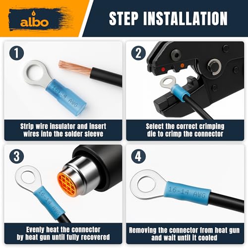 ALBO 250PCS Heat Shrink Ring Terminal Kit – Wire Terminal Connectors Assortment for 22-10 AWG, Waterproof Electrical Connectors Set – Tinned Copper Electrical Ring Terminals | Closed-Ring Design Helps Prevent Pull-Off, Loose Wiring and Connection Failure