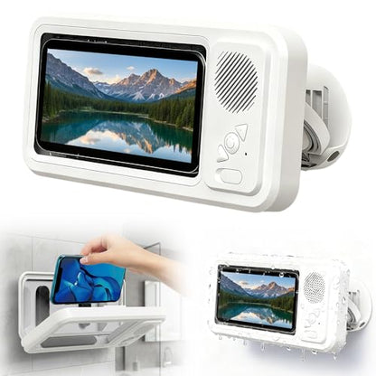Shower Phone Holder with Wireless Bluetooth Speaker, 2026 Upgraded Waterproof/Fog-Resistant for Any Phone, Shower Phone Holder Waterproof Wall Mounted PhoneHolder for Bathroom Mirror (1, White)