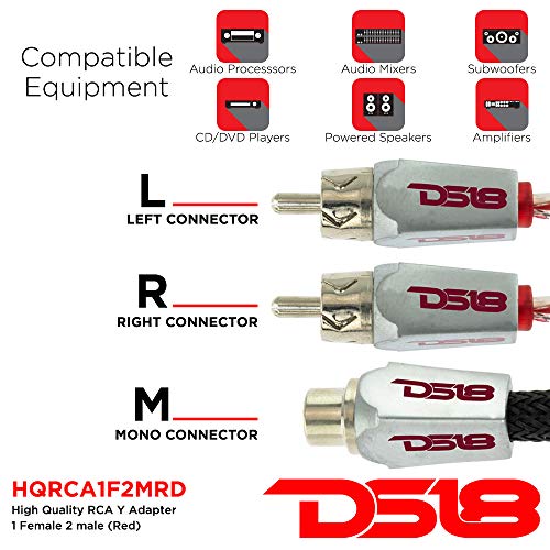 DS18 HQRCA-1F2MRD Red RCA Y Adapter or Splitter Connectors Extension Cord 2-Male RCA to 1-Female RCA to Connect a subwoofer or Amplifier to a TV, CD Player, DVD Player - style: RCA - 1 x Female to 2 x Male (Red)