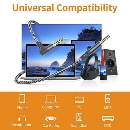 2 Pack Aux Cable, 10ft TRS Auxiliary Cables 90 Degree Right 3.5mm Nylon Braided 1/8 AUX Cord for Car Compatible with Stereos, Speaker, iPod iPad Smartphone, Headphones Sony,Echo Dot,Beats- Grey - size: 10 Feet