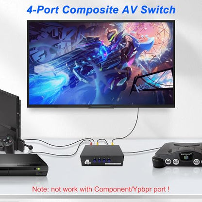 MEIRIYFA 4 Way AV RCA Switcher Splitter 4 in 1 Out 4 Port AV RCA Switch | 4-in-1 Composite Video L/R Audio Switcher Selector Box for DVD Player, Game Consoles TV Monitor Projector