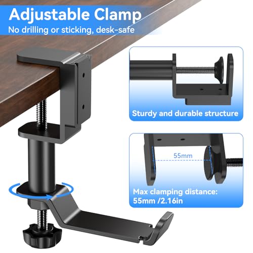 Desk Cup Holder Clamp with Headphone Hanger and Storage Tray | Clamp on design, rotating headphone hanger, detachable storage tray, cable holes, fits 5-50mm desks - color: Black