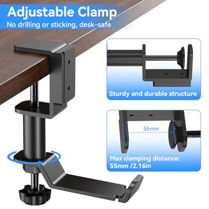 Desk Cup Holder Clamp with Headphone Hanger and Storage Tray | Clamp on design, rotating headphone hanger, detachable storage tray, cable holes, fits 5-50mm desks - color: Black