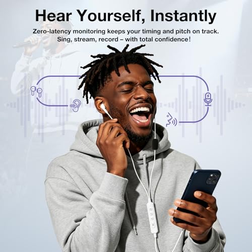 KM08 Live Streaming & Karaoke Headset with Mic, Voice Changer Sound Effects | Built-in Sound Card Voice Changer Effects, In-ear Monitoring Hear Yourself, Plug & Play Ready for TikTok YouTube Podcasting