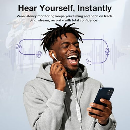 KM08 Live Streaming & Karaoke Headset with Mic, Voice Changer Sound Effects | Built-in Sound Card Voice Changer Effects, In-ear Monitoring Hear Yourself, Plug & Play Ready for TikTok YouTube Podcasting
