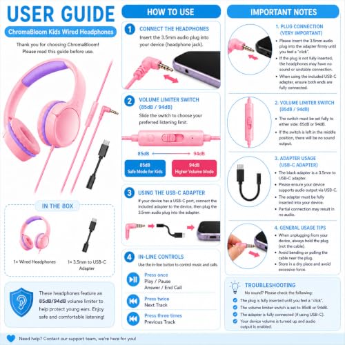 Kids Headphones with Mic, 85/94dB Volume Limit, 3.5mm & USB-C - color: Candy Pink