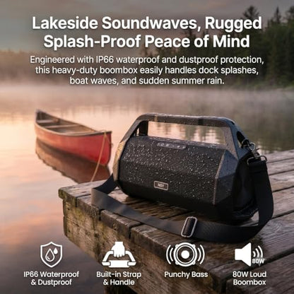 80W Jobsite Bluetooth Speaker, IP66 Waterproof/Dustproof | 25-Hour Playtime, Shockproof & Distraction-Free Design, for Construction, Garage, Workshop, Goat Yoga