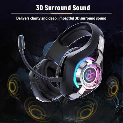 Tatybo Gaming Headset for PS5 PC, Noise Canceling Mic, RGB, Black | Over Ear, Deep Bass Stereo Sound for FPS, Battle Royale, Lightweight for Xbox, PS4, Mobile, Nintendo, 3.5mm devices - color: BLACK