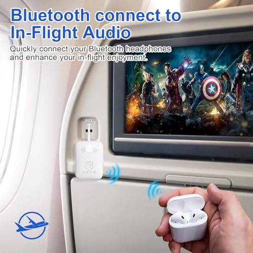Premium Bluetooth 5.4 Airplane Audio Adapter, 30Hrs Playtime, aptX Adaptive & HD Audio Transmitter for AirPods/Bose, Supports 2 Headphones for Travel Flight & TV - color: White