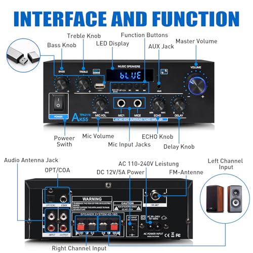 AK55 Stereo Audio Amplifier,600W 2 Channel with Bluetooth 5.0 | Power Stereo Amplifier Receiver with USB,RCA,AUX,MIC,Echo,Coax,Optical Input for Garage, Studio,Home Theater Speakers - color: Black