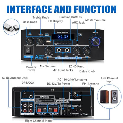 AK55 Stereo Audio Amplifier,600W 2 Channel with Bluetooth 5.0 | Power Stereo Amplifier Receiver with USB,RCA,AUX,MIC,Echo,Coax,Optical Input for Garage, Studio,Home Theater Speakers - color: Black
