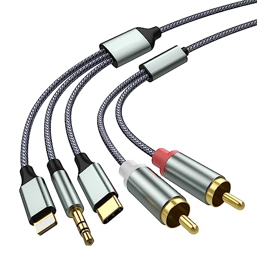 3 in 1 Lightning USB C 3.5mm to 2 RCA Audio Cable for Car Amplifier