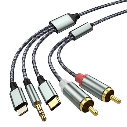 3 in 1 Lightning USB C 3.5mm to 2 RCA Audio Cable for Car Amplifier