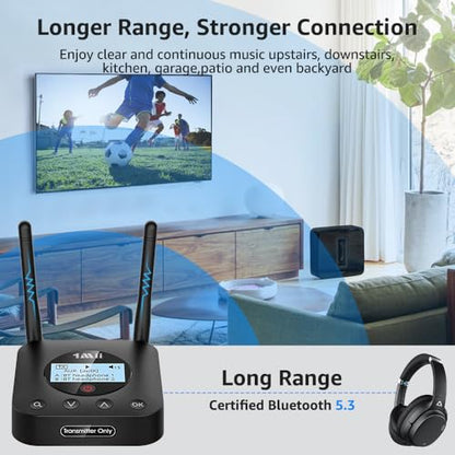1Mii B06TX+ Long Range Bluetooth 5.3 Transmitter for TV/PC/Projector to 2 Wireless Headphones/Speakers, Bluetooth Adapter for TV w/Screen Display, Plug n Play, aptX Low Latency & Adaptive & HD Audio - color: black