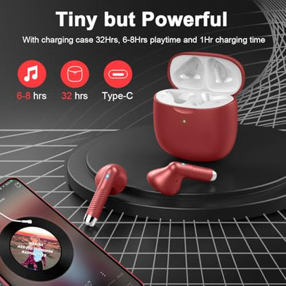 Wireless Earbuds, Bluetooth 5.4 Earbuds Stereo Bass, Bluetooth Headphones | in Ear Noise Cancelling Mic, Earphones IP7 Waterproof Sports, 32H Playtime USB C Charging Case Red Ear Buds for Android iOS - color: Glossy Red