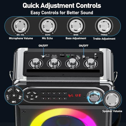 Karaoke Machine with 3 Wireless 0-Delay Microphones for Adults, Portable Bluetooth Speaker with 5.25" Woofer & 2" Tweeter, PA System Bass/Treble/Echo Control Supports TWS/FM/TV/AUX/USB/TF/REC - size: 3 Mics