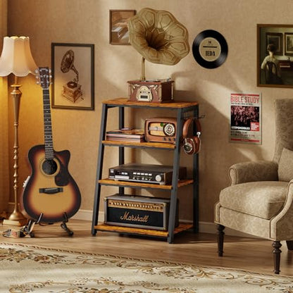 4-Tier AV Media Stand with 2 Hooks,Heavy Duty Stereo Cabinet Furniture-Large Stereo Rack and Game Console Stand,Wooden Record Player Stand,Audio Stand Perfect for DVD Players/Game Console/TV Box/Xbox - style: Regular