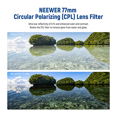 Neewer 77mm 편광 필터 30겹 다중 저항 나노 코팅 원형 편광 필터(CPL) 눈부심 감소/대비 향상/울트라 슬림/반사 감소/HD 광학 유리 편광 필터 - size: 77mm