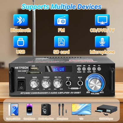 Bluetooth Stereo Receiver Amplifier,RMS 40W x 2 Peak Power 600W | Home Audio Amp with FM Radio,USB/SD,Amplifier for Home Theater Karaoke,Garage &Outdoor Speakers