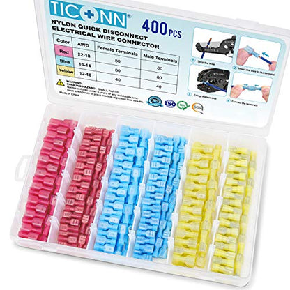 TICONN 400 Pcs Nylon Spade Quick Disconnect Connectors Kit, Electrical Insulated Terminals, Male and Female Spade Wire Crimp Terminal Assortment Kit - style: Combo 400Pcs