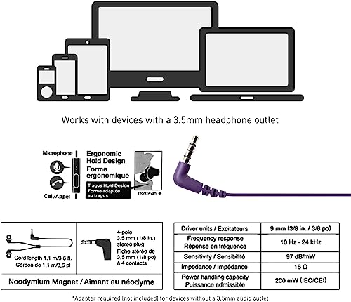 Panasonic ErgoFit Wired Earbuds with Microphone, 3.5mm Jack Headphones with Mic and Call Controller, Ergonomic Custom-Fit Earpieces (S/M/L), for Phones and Laptops - RP-TCM125-VA (Metallic Purple) - color: Metallic Purple, style: With Mic