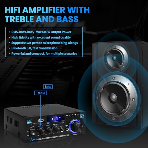 Bluetooth 5.0 Audio Amplifier Receiver AK45 HiFi Stereo Mini Power Amps | RMS 40W x 2 Max. 600W 2.0 Channel Home Theater Audio Components Speakers Amp W/MIC,USB, RCA,FM Radio - color: AK-45(2.0CH 40W+40W RMS)