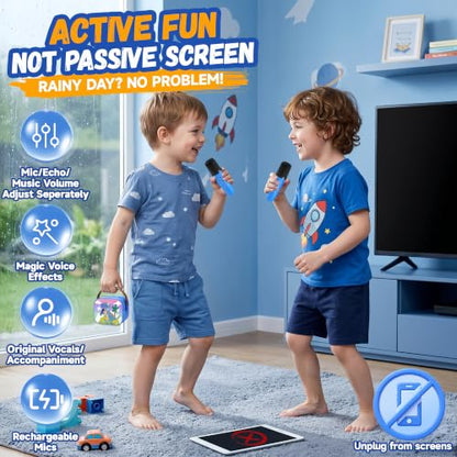 YLL Karaoke Machine for Kids, Portable Mini Speaker with 2 Wireless Microphones, Kids Toy Gifts for Boys Ages 3, 4, 5, 6, 7, 8, 9, 10+ Years Old, 4-12th Birthday Singing Home Family Party - color: Navy Blue-Dinosaur