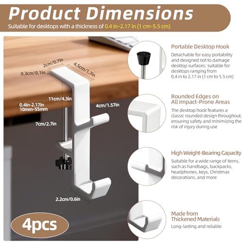 Desk Mount Bag Holder Hook Clamp, Bag Hook 4 Pcs-Double Hook White | Portable Purse Hook for Table, Reduce Desk Clutter, Desk Mount Headphones Holder, Backpack Hanger, Table Hanging Storage - color: 4 Pcs-Double Hook White