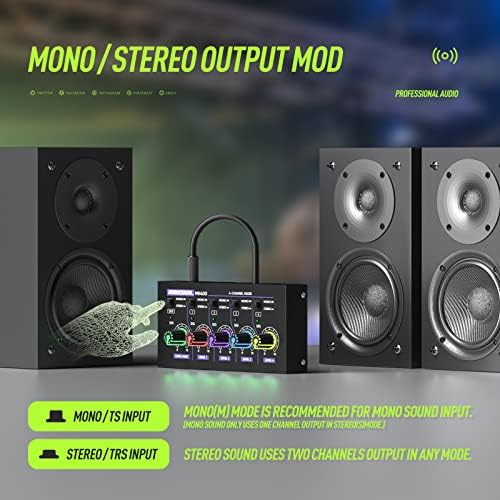 Mini Audio Stereo Mixer 4 Channel 1/4 Inch TSR/TS Audio Input Jack For Line Mixer Stereo/Mono Cutovers Compatible With Mic, Guitars Volume Amplifier Knob Mix Audio Output To Small Mixer & Speaker