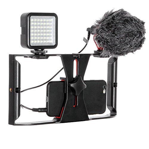FocusFoto Smartphone Video Rig Camera Cage Mount Holder Stabilizer Handle Grip with BOYA by-MM1 Shotgun Microphone Mic + 49 LED Light Kit for Mobile Phone iPhone Filmmaking Professional Videomaker