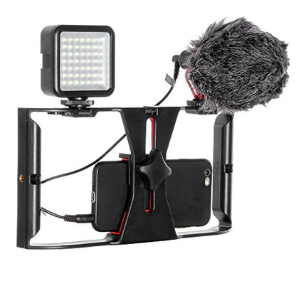 FocusFoto Smartphone Video Rig Camera Cage Mount Holder Stabilizer Handle Grip with BOYA by-MM1 Shotgun Microphone Mic + 49 LED Light Kit for Mobile Phone iPhone Filmmaking Professional Videomaker