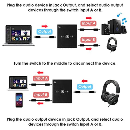 3.5mm Audio Switcher, 2 Input 1 Output / 1 Input 2 Output (2 in 1 Out/ 1 in 2 Out) Mini Headphone Manual Selector Converter Speaker Selector with 47 in 3.5mm Cable, No External Power Required