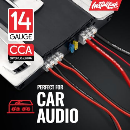 Install Link 14 AWG Gauge Speaker Wire (100 Feet) Car or Home Theater (CCA) | 14/2 Speaker Cable, 2-Conductor, Frosted Red/Black, Easy Strip, Polarity ID, for Car Audio & Home Stereo - size: 100 Feet