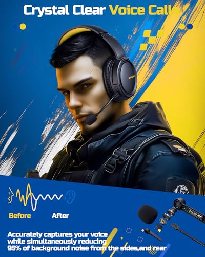 BINNUNE Wireless Gaming Headset — 2.4GHz Low-Latency USB Dongle + Bluetooth, 50mm Drivers 7.1 Surround, Noise-Cancelling Mic, 40H Battery — Over Ear Wireless Headphones for PS5, PC, Laptop, Yellow - color: Yellow, style: For PS5