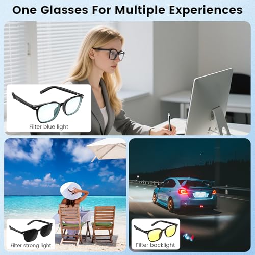 Magnetic Clip-On Bluetooth Glasses, 3-in-1 Interchangeable Lenses (Blue Light, UV400, Night Vision) Smart Audio Eyewear, Built-in Mic & Speaker, Clear Calling for Driving Music Work