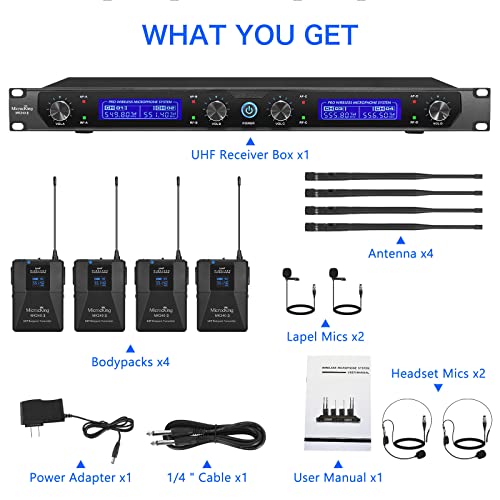 MicrocKing Wireless Microphone System 4 Bodypacks for Church Stage Class | UHF fixed, 400ft, 4 bodypacks (lav/head/lapel) for concert/class/church - style: 4 Bodypack mics