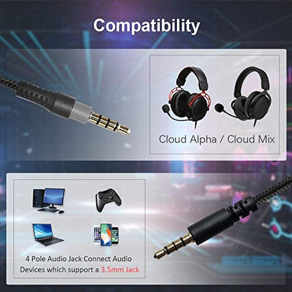 QJYTH Replacement Cord Compatible with Hyperx Cloud Alpha Headset | Inline Mute & Volume Control (No Inline Mic, Black)