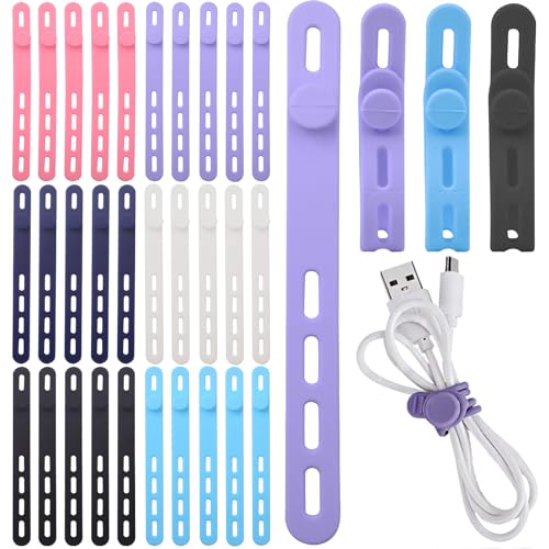 30Pcs Silicone Cable Ties, Reusable Cable Straps Wire Organizer Locking Buckles Data Cable Management Cord Organizer for Fastening Cords Wires Earphone Phone Chargers Appliances