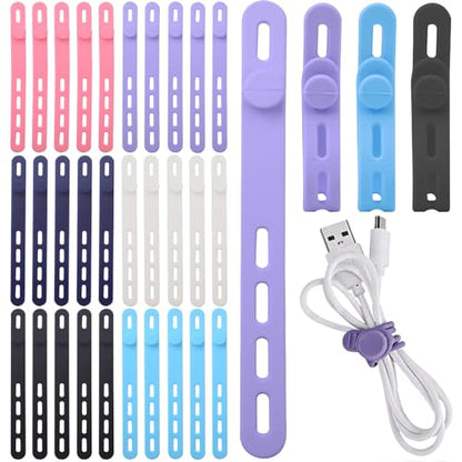 30Pcs Silicone Cable Ties, Reusable Cable Straps Wire Organizer Locking Buckles Data Cable Management Cord Organizer for Fastening Cords Wires Earphone Phone Chargers Appliances