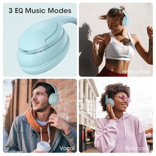 DOQAUS Bluetooth Headphones Over Ear, Headphones Wireless with 90H Playtime | 3 EQ Modes, Bluetooth 5.3 Wireless Headphones with Hifi Stereo Sound, ENC Mic, Foldable for Travel Work Study Phone PC, Blue - color: Light Blue