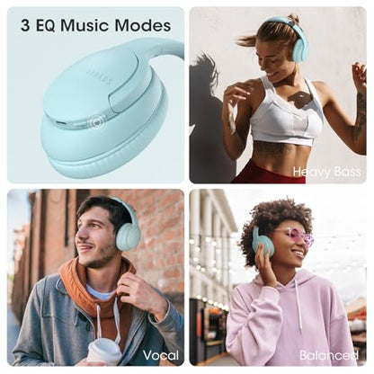 DOQAUS Bluetooth Headphones Over Ear, Headphones Wireless with 90H Playtime | 3 EQ Modes, Bluetooth 5.3 Wireless Headphones with Hifi Stereo Sound, ENC Mic, Foldable for Travel Work Study Phone PC, Blue - color: Light Blue